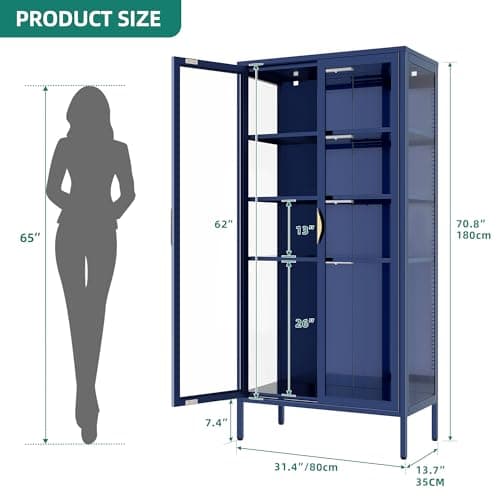 YITAHOME Display Cabinet with Glass Doors and Lights, 71" Storage Cabinet with 4-Tier Adjustable Shelves ＆ Magnetic Suction Design, Collectibles Organizers Rack & Display Shelf for Living Room, Blue 7