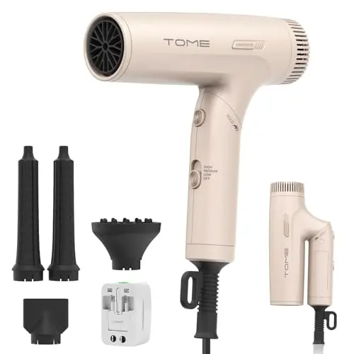 TOME Dual Voltage Travel Hair Dryer, Foldable Blow Dryer, DC Motor, 1200W Fast Drying, Cool Shot, 3 Heat 3 Speed, Nozzle, Diffuser, Air-Powered Wrap Wands, 120–240V Universal Adapter Pink