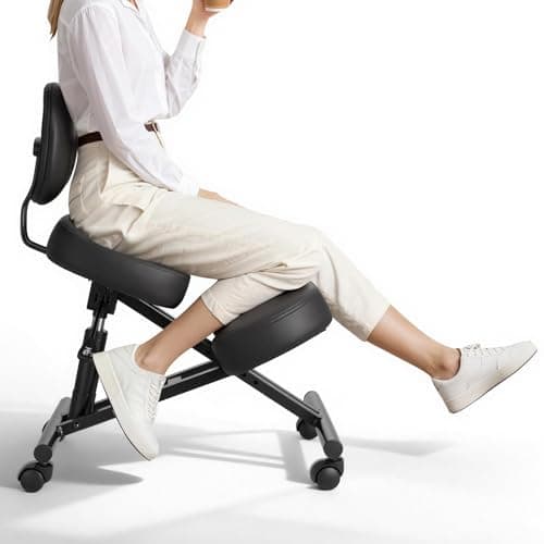 VEVOR Ergonomic Kneeling Chair with Backrest & Wheels, Mobile X-Shaped Posture Knee Chair with Adjustable Height & Thick Foam Cushions, Relief for Neck or Back Pain for Home, Office, Meditation, Black