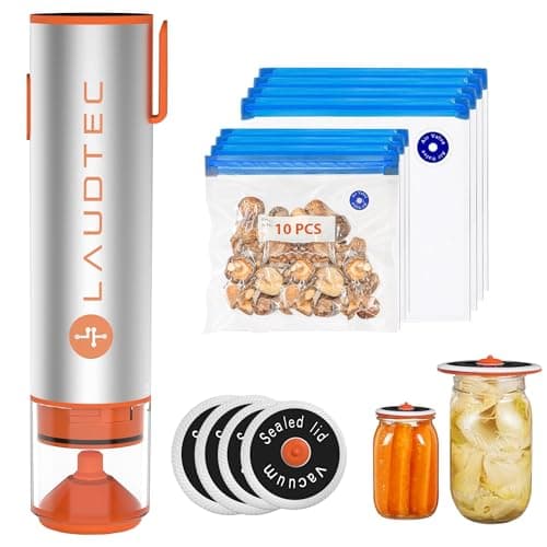 LAUDTEC 2-in-1 Handheld Vacuum Sealer for Food Storage Bags and Mason Jars (Vacuum Sealer + 10 Reusable Storage Bags + 4 Reusable Wide Mouth Jar Lids)