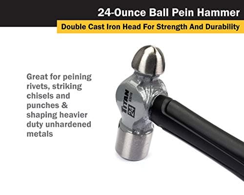 Titan 63016 24oz Ball Pein Hammer, Forged Steel Head, 13.5" Shock Absorbing Fiberglass Handle with Textured Rubber Grip 5