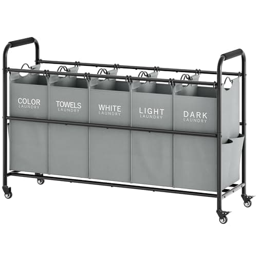 Tajsoon Laundry Sorter, Laundry Hamper 5 Section with Heavy Duty Rolling Lockable Wheels, Laundry Basket Organizer with Removable Bags for Dirty Clothes Storage, Grey