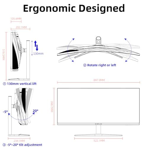 ZER-LON 38 Inch Ultrawide Curved Monitor, WQHD 3840 x 1600p 144Hz Computer Monitor, 135% sRGB, 100% DCI-P3, 300Nits, 2500R, Tilt/Height/Pivot Adjustment, Mountable 8