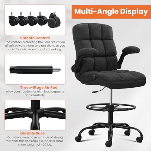 JMYMRY Drafting Chair with Comfortable Fabric for Standing Desk, Tall Office Chair with Adjustable Height, Lumbar Support, Flip-Up Armrests, Adjustable Footrest Ring, 360° Rotation for Home or Office 7