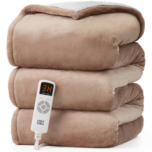 EHEYCIGA Electric Heated Blanket Throw - Sherpa & Fleece, 9 Heating Levels, Auto Off, 50 x 60 Inches, Beige