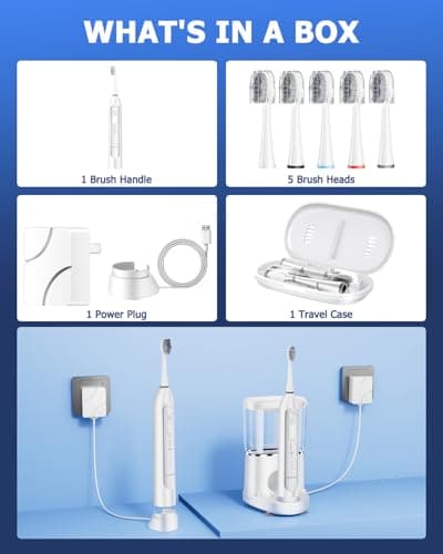 Electric Toothbrush with Water Flosser 3 in 1 Combo, Advanced 2.0 Flossing Toothbrush, Cordless Teeth Cleaning, 3 Modes&5 Speeds, Rechargeable Oral Dental Irrigator Kit for Adults, 5 Replacement Heads 9