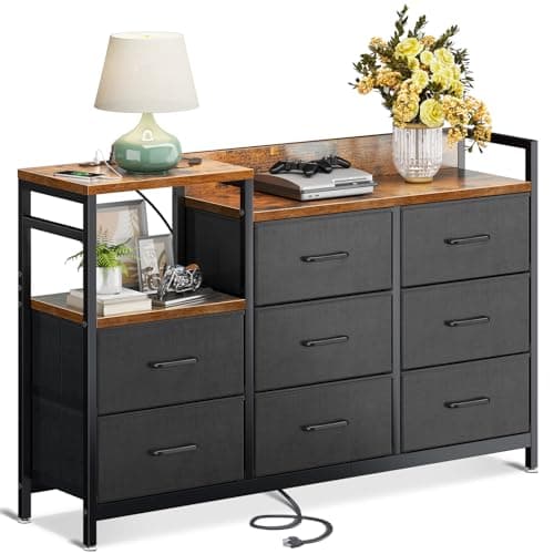 ODK Dresser with Charging Station, 52-Inch Long Dresser for Bedroom with 8 Storage Drawers, Fabric Dressers Chests of Drawers with Sturdy Steel Frame and Wooden Top, Vintage and Black