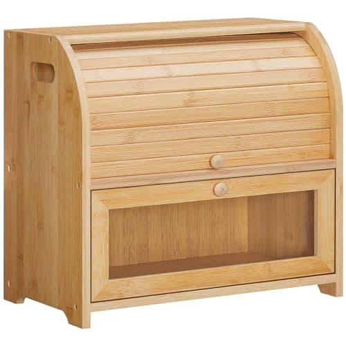 HOOBRO Bread Box, Bamboo Bread Box for Kitchen Countertop, 2 Tier Roll-Top Bread Bin, Food Storage Box, Large Capacity Keeper, Wooden Storage Cabinet, for Kitchen, Dining Room, Natural YL13MB01