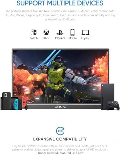 ARZOPA Portable Monitor 15.6'' FHD 1080P - Ultra-Slim Portable Laptop Monitor with Kickstand - IPS Display for PC, MAC, Phone, Xbox, PS5 - USB C & HDMI Connectivity - A1 5