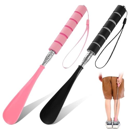 ElevateTech 2Pcs Shoe Horn Long Handle Stainless Steel Retractable Shoe Horn Adjustable Length Travel Shoes Helper for Seniors Pregnant Back Women Men Black Pink