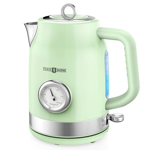 Retro Electric Kettle, PARIS RHÔNE 1.7L Hot Tea Kettle with Thermometer, 1500W Fast Heating, Cordless Design, LED Indicator, Auto Shut-Off & Boil Dry Protection