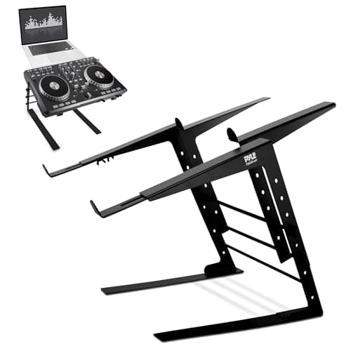 Pyle Portable Dual Laptop Stand - Standing Table with Adjustable Height, Ergonomic Design & Anti-Slip Prongs for DJ Mixer, Sound Equipment, Workstation, Gaming & Home Use - PLPTS38, Black