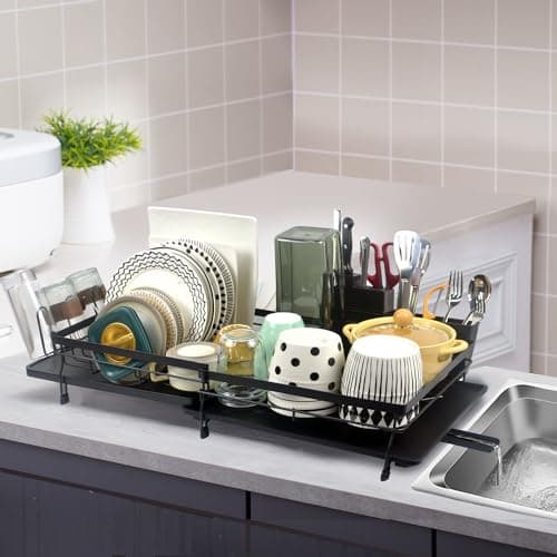 Jasopaco Large Extendable Dish Drying Rack,Multifunctional Dish Rack with Swivel Drainage Spout,Removable Cutlery & Cup Holders,Black Anti-Rust Plate Rack for Kitchen Counter 28.8" L x 12" W