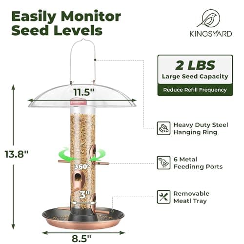 Kingsyard Metal Bird Feeders for Outdoors Hanging, Wild Bird Feeder for Finch Cardinal, Large Tray and Rainproof Dome, 2 lbs Seeds Capacity (Antique Copper) 5