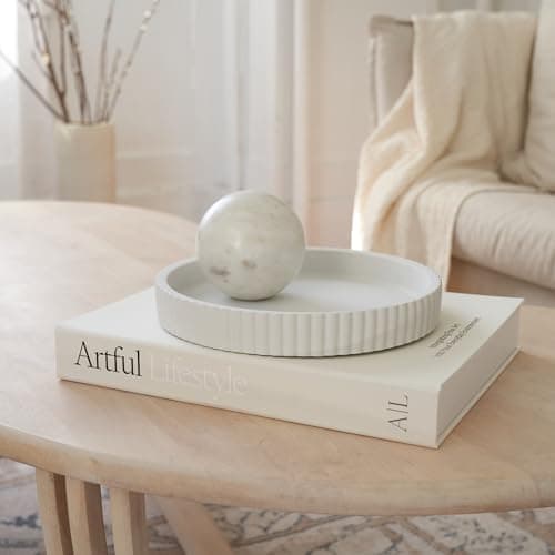 Decorative Concrete Tray & Book Decor Set - Scalloped Tray & Linen Box Enhance Your Coffee Table or Bookshelf Decor - Stylish Home Decoration for Your Living or Dining Room & as a Housewarming Gift 9