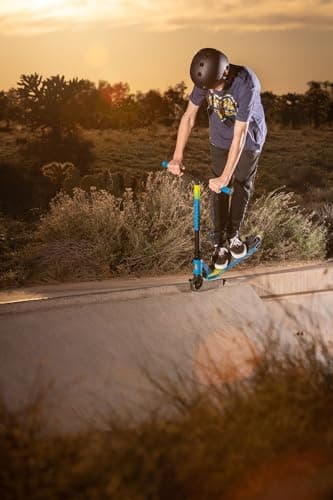 Mongoose Rise 110 Elite Freestyle Stunt Trick Scooter, Lightweight Alloy Deck & Heavy-Duty Frame Up to 220 lbs., Bike-Style Grip, Wheel Pegs Included, Blue/Yellow 7