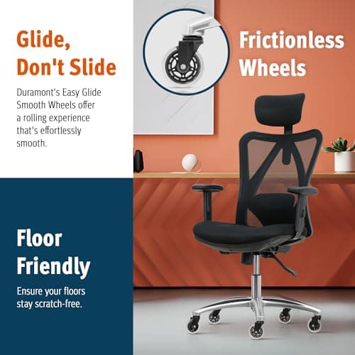 Duramont Ergonomic Office Chair - Adjustable Desk Chair with Lumbar Support and Rollerblade Wheels - High Back Chairs with Breathable Mesh - Thick Seat Cushion, Head, and Arm Rests - Reclines (Black) 8