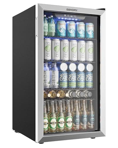 EUHOMY Beverage Refrigerator and Cooler, 128 Can Mini fridge with Glass Door, Small Refrigerator with Adjustable Shelves for Soda Beer or Wine, Perfect for Home/Bar/Office, Silver