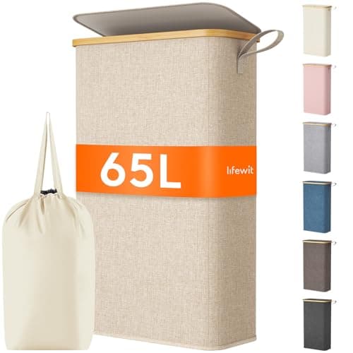 Lifewit 65L Slim Laundry Hamper with Lid, Narrow Laundry Basket with Removable Bag & Bamboo Handles, Fodable Thin Dirty Clothes Hamper for Laundry Collapsible Bin for Bathroom Bedroom Dorm, Beige