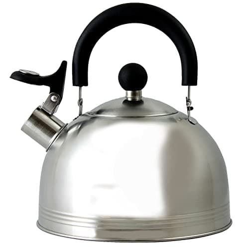 Mr. Coffee Carterton Stainless Steel Whistling Tea Kettle – 1.5-Quart Capacity, Mirror Polish Finish, Durable Tea Kettle for Stovetop, Fast Boiling, Easy Pouring