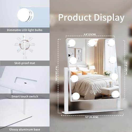 Kotdning Vanity Mirror with Lights,Lighted Vanity Mirror with 9 Dimmable Bulbs for Dressing Room & Bedroom,3 Color Lighting,Modes Detachable 10x Magnification 360°Ratation(White) 12" L x 14.4" W 6