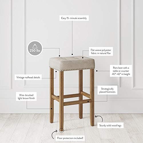 Nathan James Hylie Nailhead Wood Pub-Height Kitchen Counter Bar Stool 29", Natural Flax/Light Brown 5