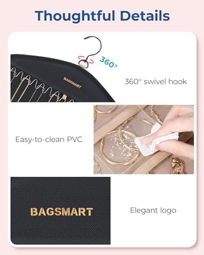 BAGSMART Hanging Jewelry Organizer with Hanger Metal Hooks Double-Sided Jewelry Holder for Organizing Earrings Necklaces Rings Perfect for in Hanging Closet, Wall, Door, 1 Piece, Large, Black 5
