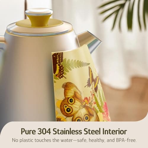 Hazel Quinn X Eduardo Recife Electric Kettle - 1200W Fast Water Boiling, 1.7L/57oz, All 304 Stainless Steel Interior, BPA-Free, Auto Shut-Off, Cordless Retro Teapot with Thermometer - Floral Patterned 8