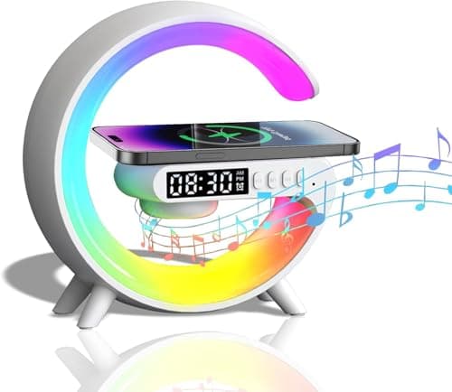 Bluetooth Speaker Wireless Phone Charger Station, G Shaped Music Lit Lamp, Colorful Atmosphere Light Wireless Charging And Alarm Clock, RGB Night Light for Bedroom, Office, Home Decor (White) 5