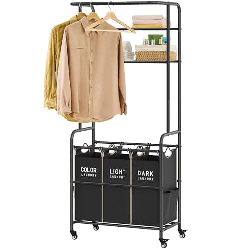 Gewudraw Laundry Sorter 3 Section,Laundry Hamper Cart with Hanging Rack & Removable Bags,Heavy Duty Laundry Basket with Wheels & 2 Tier Shelf,Space-Saving Laundry Basket Organizer for Laundry Room