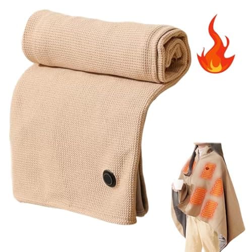 Portable Heated Shawl with Zipper | 3-Level Fast Heating Wearable Blanket | USB-Powered Cordless Design for Women & Travel (Khaki, Power Bank not Included)