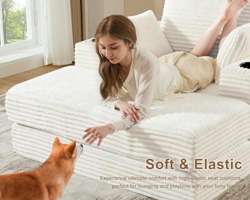 Busaurus 62" Oversized Chaise Lounge Chair Indoor, Fluffy Corduroy Upholstered Boneless Couch, Convertible Sleeper Sofa Bed & Reading Chair, Cloud Sofa Couches for Living Room, No Assembly, Beige 8