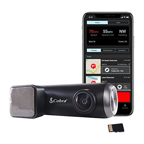 Cobra Smart Dash Cam (SC 100) - Full HD 1080P Resolution, Built-in WiFi & GPS, 140 Degree View, Live Police Alerts, Incident Reports, Emergency Mayday, Drive Smarter App, 8GB SD Card Incl., black