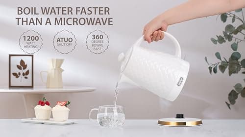 LONGSEED Ceramic Electric Kettle, 1.5L/1200W Boil Water Quickly and Easily with Boil-Dry Protection Auto Shut Off, Detachable Swivel Base, White Relief Carving 6