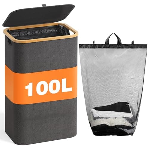 100L Laundry Hamper with Lid, Large Laundry Basket with Bamboo Handles, Clothes Hampers for Laundry with Removable Bag, Dirty Clothes Hampers for Bedroom Aesthetic, Dark Grey