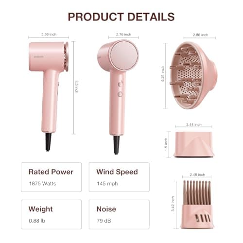 High-Speed Hair Dryer 1875W Ionic & Plasma, Blow Dryer with Diffuser & Comb Nozzle for Curly or Thick Hair, Compact 110000 RPM Fast Drying Lightweight Hair Dryer for Women with Concentrator, Pink 9
