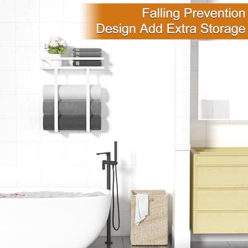 Towel Racks for Bathroom Wall Mounted, Xstydes Metal Towel Holder with Wooden Shelf for Folding Large Towels, Towel Storage for Small Bathroom Organizer Decor or RV Camping,White 5
