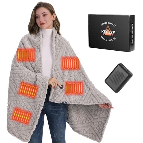 Shaggy Heated Throw Blanket with Power Bank- Soft Faux Fur Battery Heated Blanket, Fast Heating, 3 Heat Setting, Machine Washable Electric Blanket, Cordless Heated Blanket 59"x35.5"(Gray-Green)