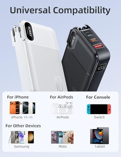RORRY Portable Charger Built in Cables, AC Wall Plug In Portable Charger Power Bank 10000mAh Travel Battery Pack 22.5W Fast Charging for iPhone 17/16/15 Samsung Galaxy S24/S23/S22 Pixel LG iPad, White 6