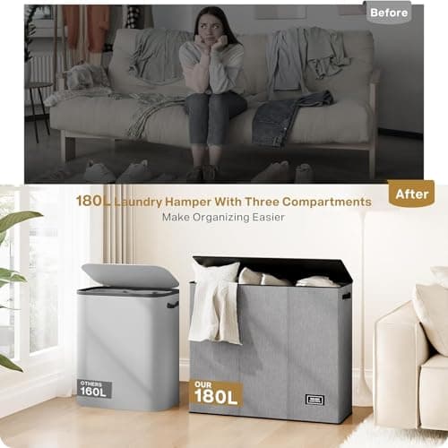 SOLEDI 180L Laundry Hamper 3 Section, Extra Large Laundry Hamper with Lid, Dirty Clothes Hamper with Sturdy Handle, Large Laundry Basket Organizer for Laundry Room, Bedroom, Hampers for Laundry 8