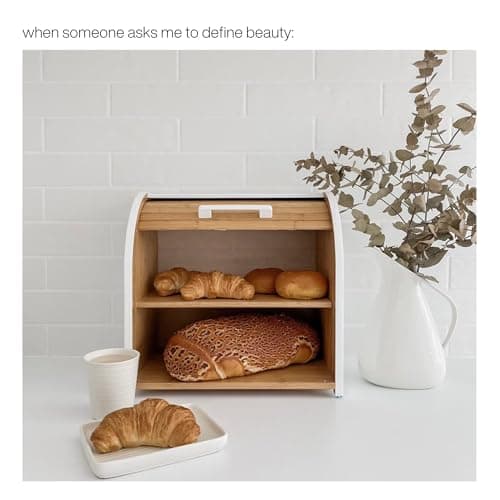 HOMEFULLY Bamboo Double Layer Bread Box for Kitchen Countertop, Roll Top Bread Box Wood, Extra Large for Kitchen Storage, Modern Bread Bin Wooden (White) 7