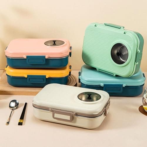 Ausenzup Bento Lunch Box, 304 Stainless Steel Portable Leakproof Lunch Food Containers Set with 3 Compartment for Adults - with Chopsticks Spoon Soup Bowl Gift for Friends, Family (Green) 8