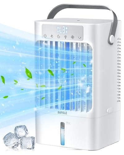 BAPOLE Portable Air Conditioners, 4-IN-1 Portablel Air Cooler, 3 Wind Speed Portable AC Cooling Fan with 7 Colors Light, 2 Cool Mist & 0-8H Timer, 90° Oscillation Air Conditioner Portable for Room