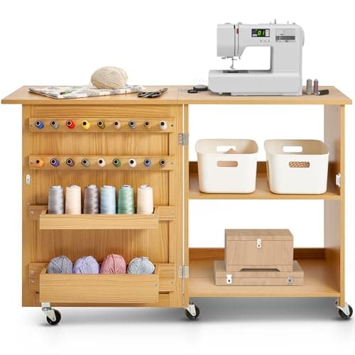 VEVOR Folding Sewing Table, Multipurpose Sewing Machine Table with Compact Design, Wheels, Shelves, Storage Trays, Wooden Pegs, and Magnetic Doors, Sewing Desk Cabinet for Sewing Machine, Wood Color 9