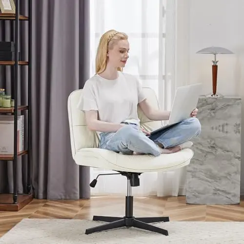 OLIXIS Criss Cross Legged Chair No Wheels Armless Wide Seat Adjustable Height Swivel Thick Padded PU Leather Comfortable Home Office Desk Seating 9