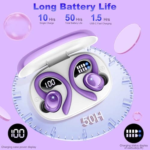 Hupoaf Wireless Earbuds Sport, 2025 Bluetooth 5.4 Headphones with Earhooks, 50H Stereo Deep Bass Over Ear Buds with 4 ENC Noise Canceling Mics, IP7 Waterproof Earphones for Running Workout Gym -Purple 6