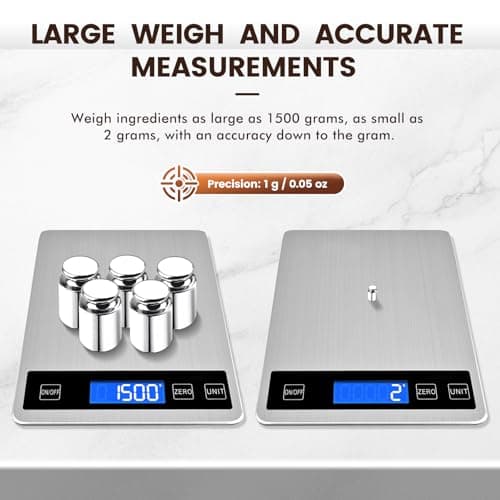 33lb Food Scale, Digital Kitchen Scale Batteries and USB Charging,1g/0.05oz Precise Graduation, Waterproof Stainless Steel with LCD Display Weight Grams and oz for Cooking Baking (Stainless Steel) 6