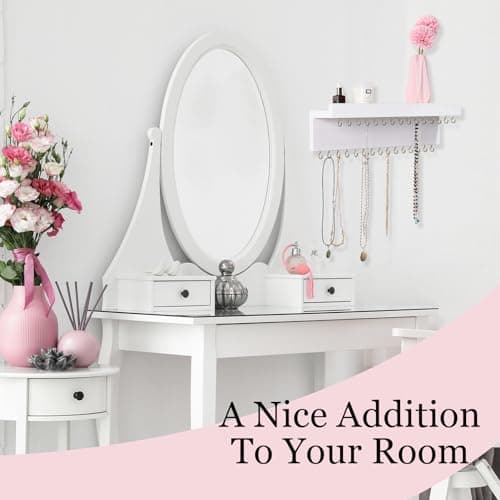 CCINPPY Necklace Holder Wall, Jewelry Holder Organizer Wall with 30 Jewelry Hooks and Shelf, Wooden Hanging Necklace Hanger Organizer Wall Mount for Necklaces Bracelets, and Chains White 7