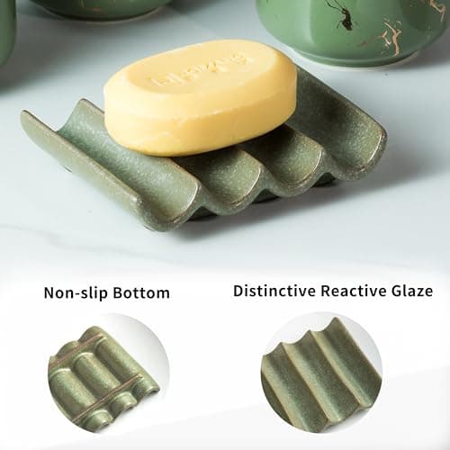 Cormomu Draining Ceramic Soap Dish - Fluted Design, Bar Soap Holder for Shower & Bathroom, Soap Saver Sponge Lift, Green 6