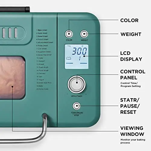 Neretva Bread Maker, 20-IN-1 2LB Bread Machine Dual Heater Bread Maker Machine Automatic with Nonstick Ceramic Pan, 15H Timer & 1H Keep Warm Set, Low Noise, Stainless Steel Breadmaker Recipe-Green 6